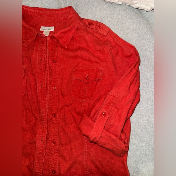 Linen Burnt Orange Fall Color Woman’s Rolled Sleeved Top - Picture 5 of 9